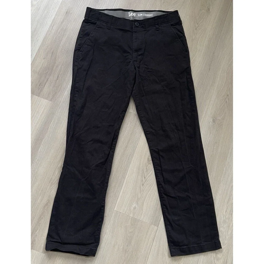 Lee Men Black Slim Straight Chino Pants Twill Cotton Stretch Pockets 34 Dadcore